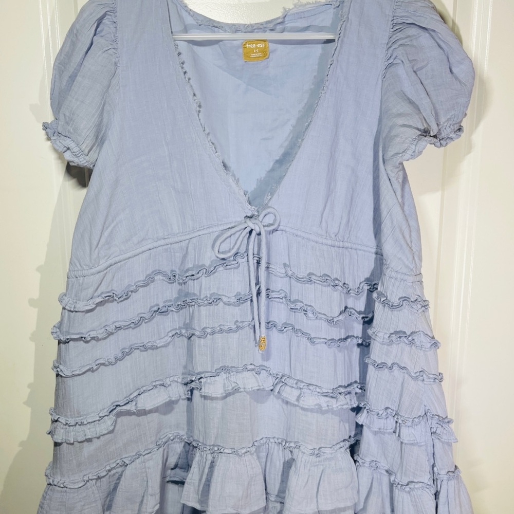Free People Pale Blue Ruffle Tie-Front Mini Dress